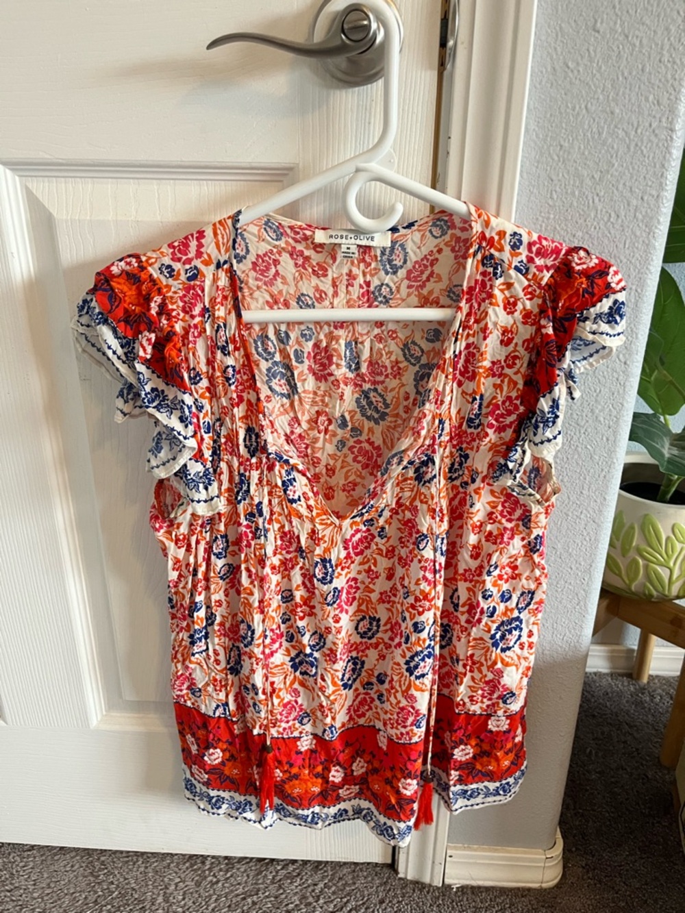Rose & Olive White Floral V-Neck Ruffle Sleeve Blouse with Red and Navy Accents